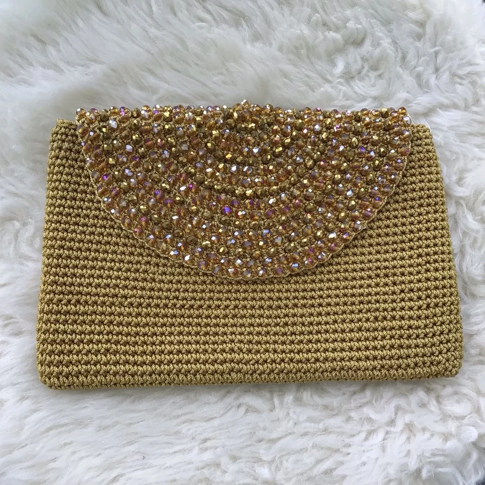 Lovely Gold Beaded Raffia Woven Clutch Handbag Clutch